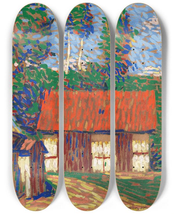 Triptych art skateboard deck of Arthur Segal Rotes Dach by Arthur Segal (1875-1944)
