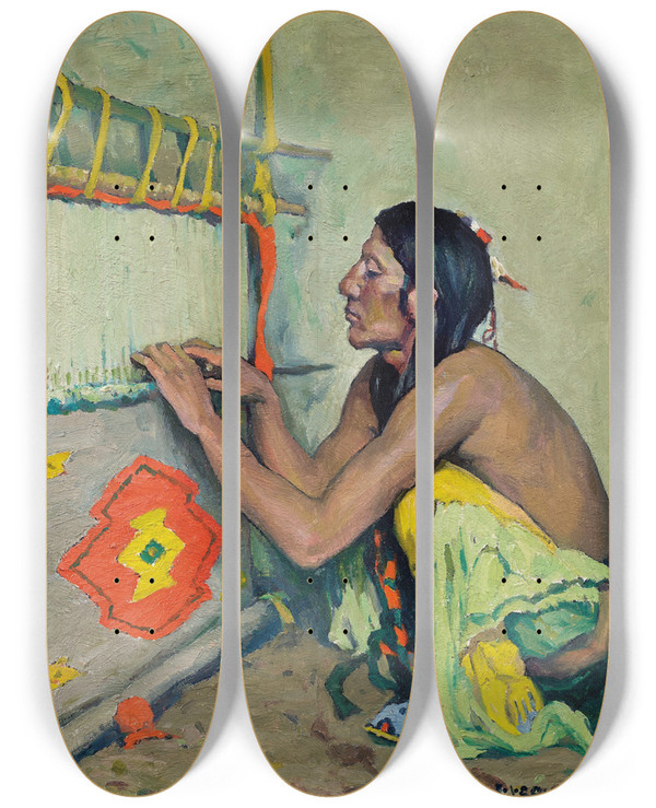 Triptych art skateboard deck of Eanger Irving Couse The Weaver by Eanger Irving Couse (1866-1936)