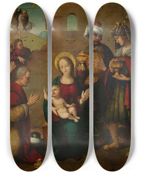 Triptych art skateboard deck of Follower Of Juan De Borgoa Adoration Of The Magi by Follower of Juan de Borgoa (1470-1536)