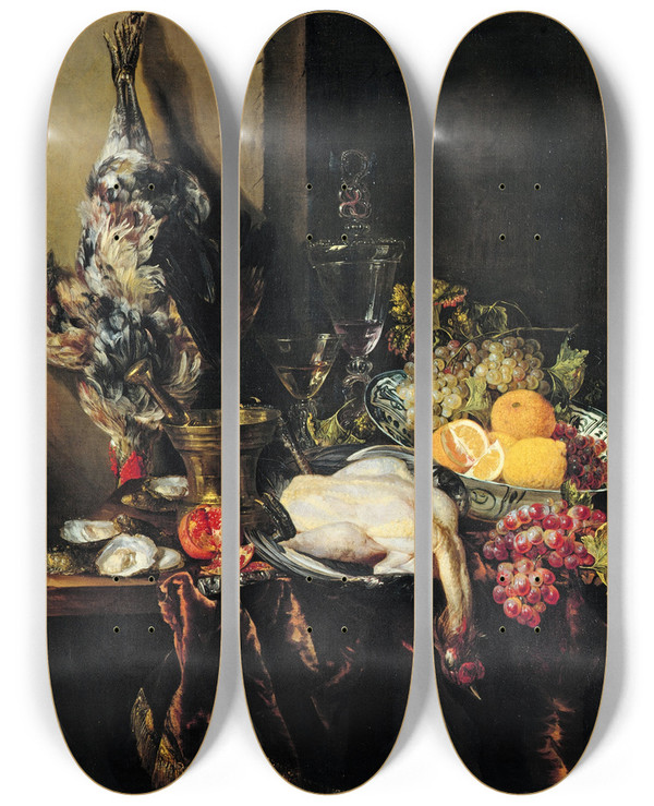 Triptych art skateboard deck of Abraham Van Beijeren Still Life With Fruit And Fowl by Abraham Van Beyeren (1620-1690)