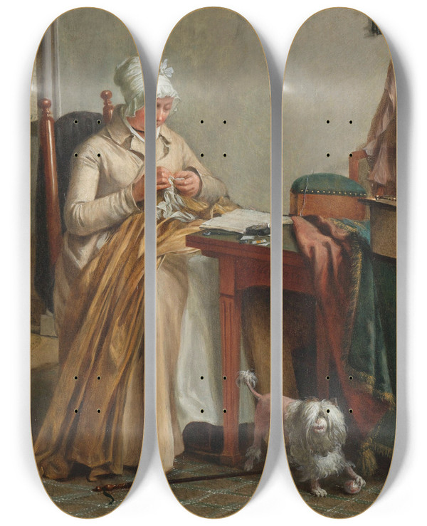 Triptych art skateboard deck of Wybrand Hendriks Interior With Woman Sewing_2 by Wybrand Hendriks (1744-1831)