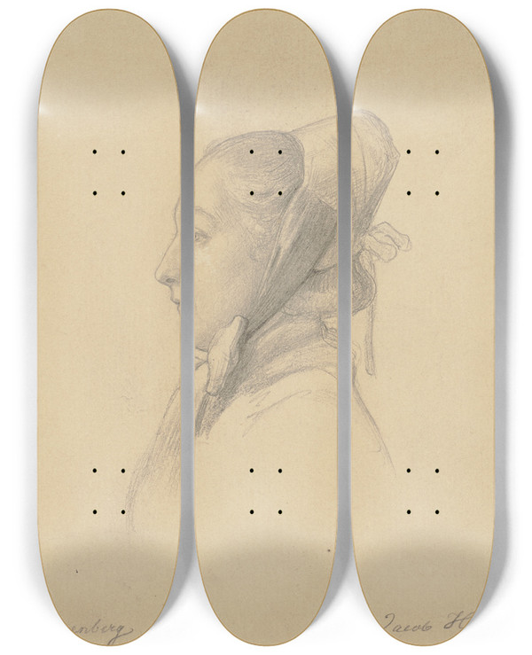 Triptych art skateboard deck of Johann Jakob Hoff Hessisches Bauernmdchen Profilkopf Nach Links Gewandt by Johann Jakob Hoff (1838-1892)