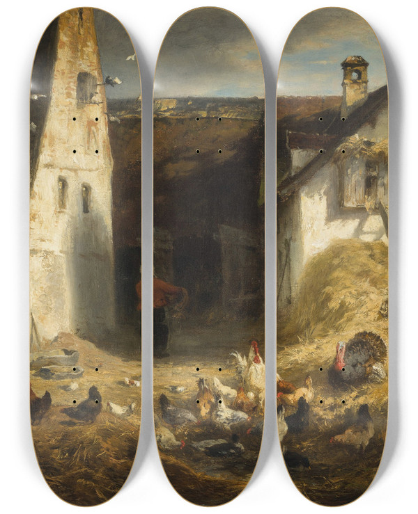 Triptych art skateboard deck of Albert Kappis Hhnerhof Im Dachauer Land by Albert Kappis (1836-1914)