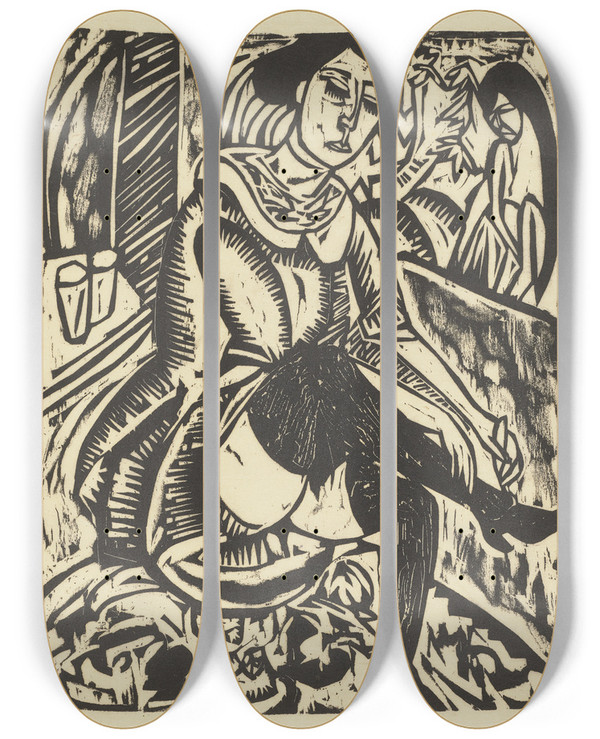 Triptych art skateboard deck of Ernst Ludwig Kirchner Frau Schuh Zuknpfend_3 by Ernst Ludwig Kirchner (1880-1938)