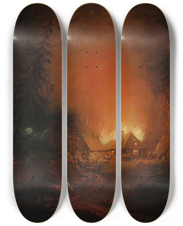 Triptych art skateboard deck of Alexander Laurus Fire At Night In A Peasant House by Alexander Laureus (1783-1823)