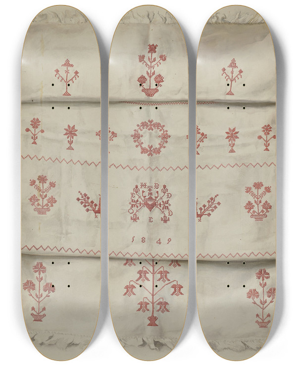 Triptych art skateboard deck of Frances Lichten Pa German Linen Towel by Frances Lichten (1889-1961)