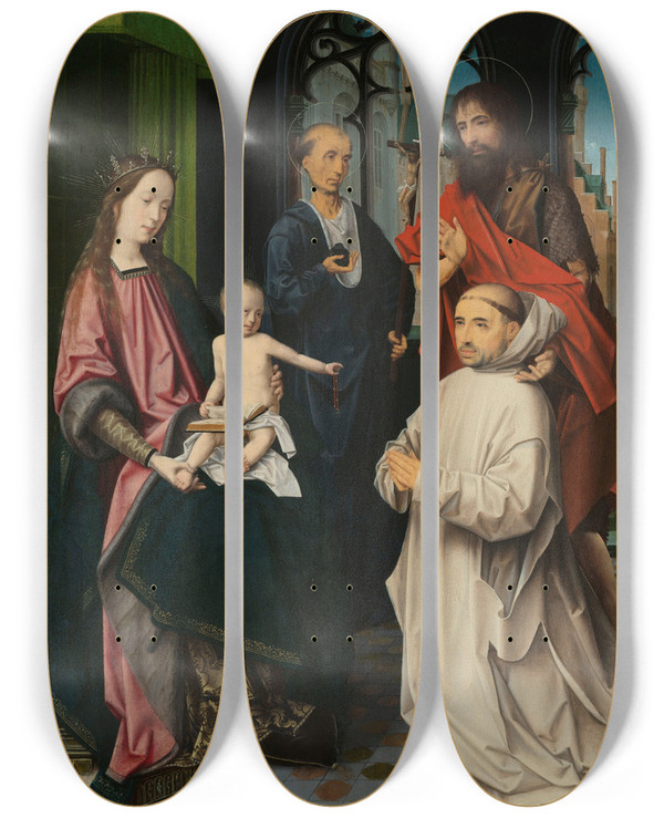 Triptych art skateboard deck of Jan Provost Virgin And Child Enthroned With Saints Jerome And John The Baptist And A Carthusian Monk by Jan Provost (1460-1529)