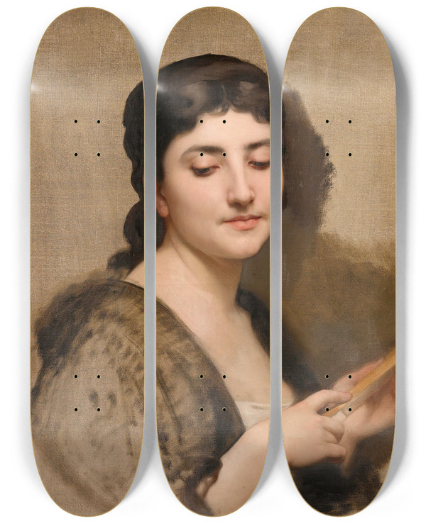 Triptych art skateboard deck of William Bouguereau A Young Woman With A Fan by William Bouguereau (1825-1905)