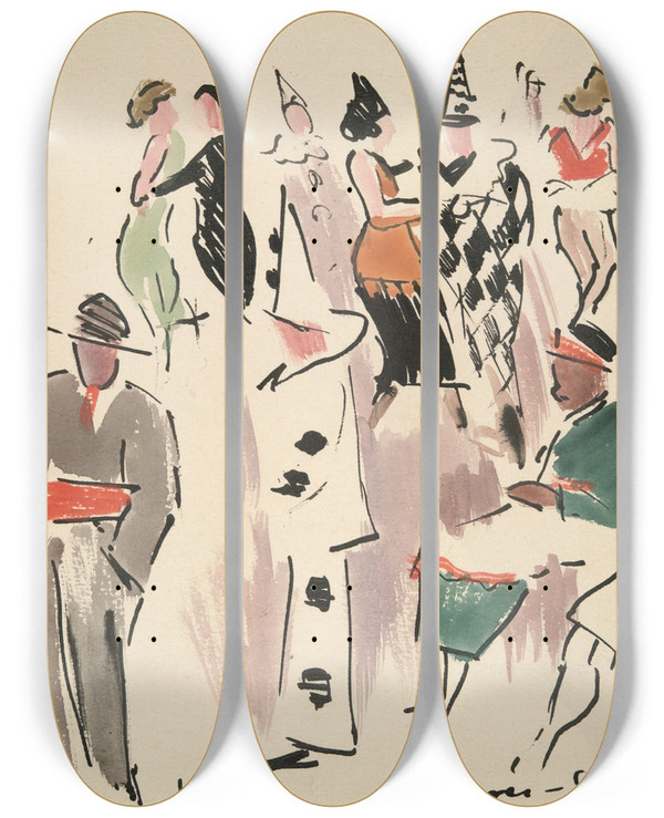 Triptych art skateboard deck of Joaqun Torresgarca Artists Ball Pierrot Harlequin And Dancers by Joaqun Torres-Garca (1874-1949)
