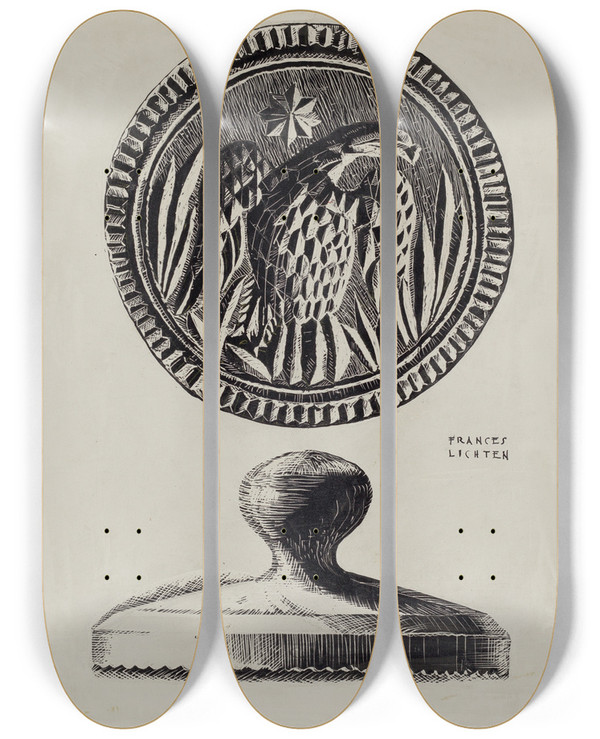 Triptych art skateboard deck of Frances Lichten Pa German Butter Stamp by Frances Lichten (1889-1961)