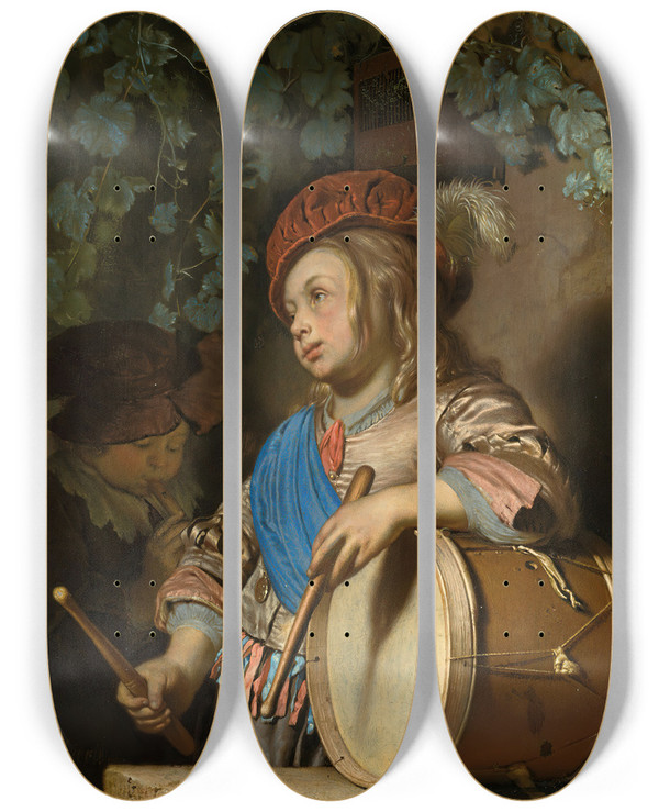 Triptych art skateboard deck of Frans Van Mieris The Elder The Drummer Boy by Frans Van Mieris The Elder (1635-1681)