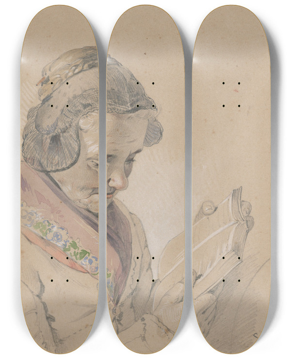 Triptych art skateboard deck of Friedrich Carl Von Scheidlin Woman With A Book by Friedrich Carl Von Scheidlin (1822-1913)