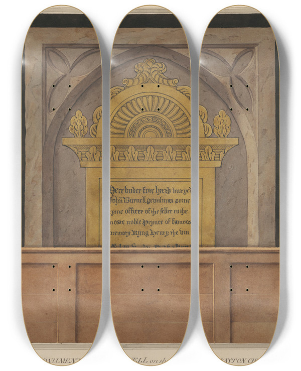 Triptych art skateboard deck of Daniel Lysons Brass Plate For John Burnell From Drayton Church by Daniel Lysons (1762-1834)
