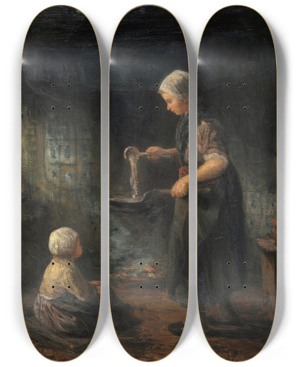 Triptych art skateboard deck of Jozef Israls The Pancakes by Jozef Israels (1824-1911)