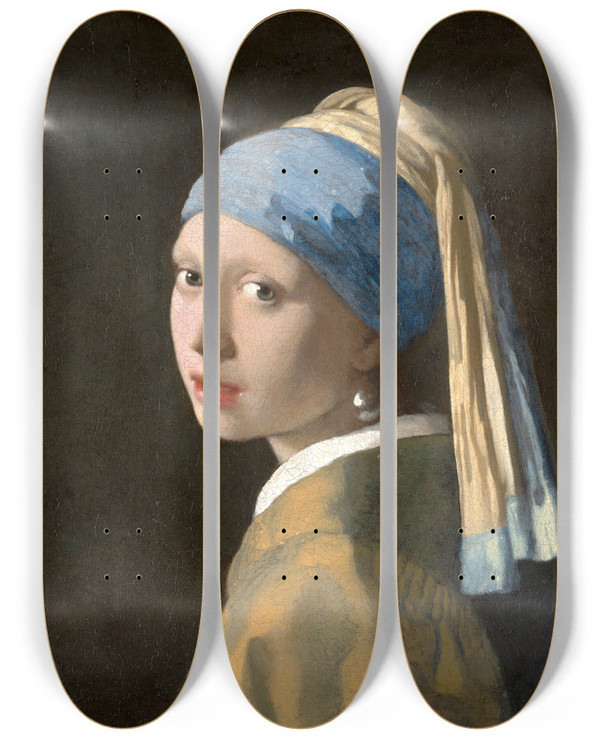 Triptych art skateboard deck of Johannes Vermeer Girl With A Pearl Earring by Johannes Vermeer (1632-1675)