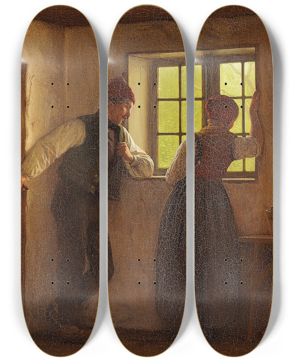 Triptych art skateboard deck of Julius Exner En Frierscene by Julius Exner (1825-1910)