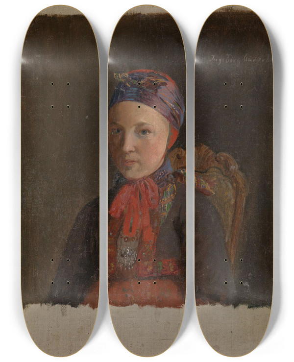 Triptych art skateboard deck of Adolph Tidemand Portrait Of Ingeborg Anderdatter Gulsvig by Adolph Tidemand (1814-1876)