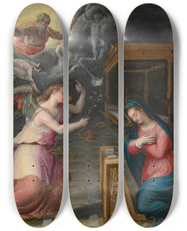 Triptych art skateboard deck of Lavinia Fontana The Annunciation by Lavinia Fontana (1552-1614)