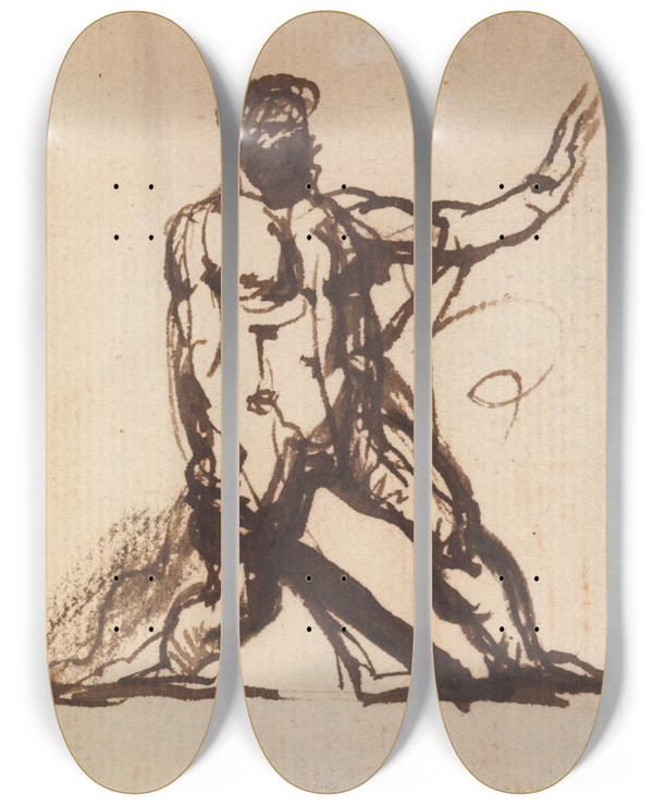 Triptych art skateboard deck of Benjamin Robert Haydon Study Of A Nude Male by Benjamin Robert Haydon (1786-1846)