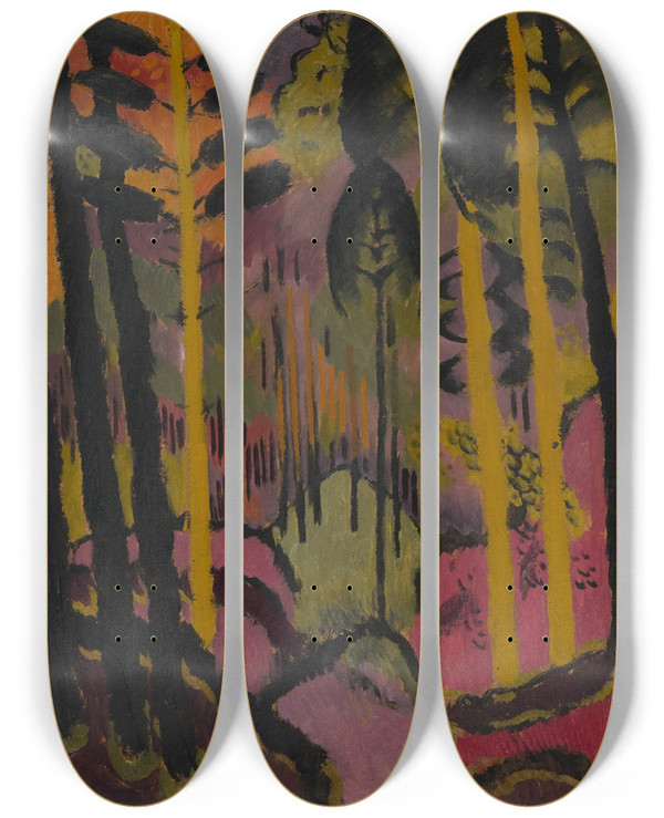 Triptych art skateboard deck of Johann Walterkurau Trunks And Foliage by Johann Walter-Kurau (1869-1932)