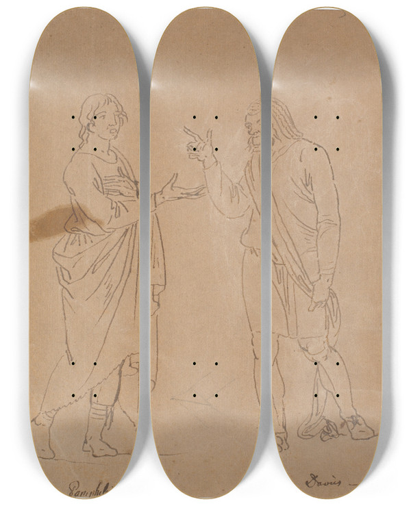 Triptych art skateboard deck of Nicolai Abildgaard Pamphilus Og Davus I Samtale by Nicolai Abildgaard (1743-1809)