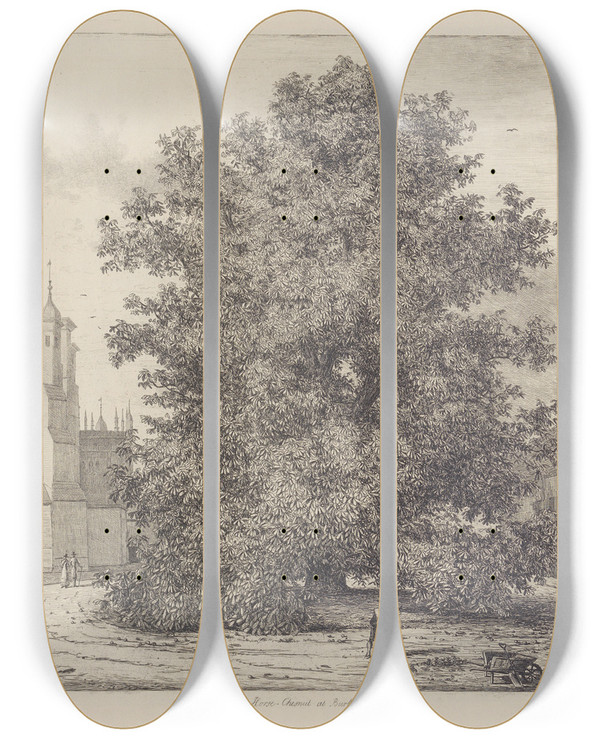 Triptych art skateboard deck of Jacob George Strutt The Horse Chesnut At Burleigh by Jacob George Strutt (1784-1867)