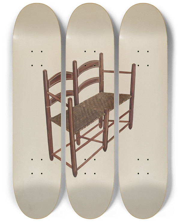 Triptych art skateboard deck of Wilbur M Rice Ox Cart Chair by Wilbur M Rice