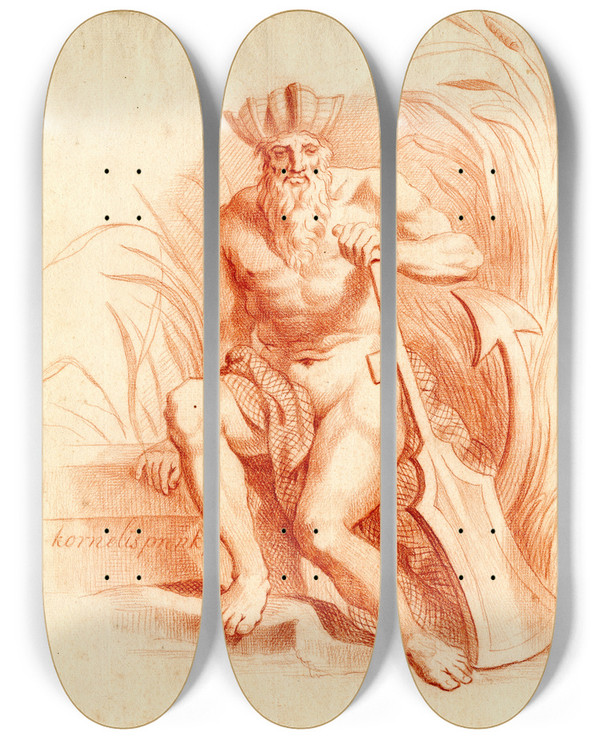 Triptych art skateboard deck of Cornelis Pronk Riviergod by Cornelis Pronk (1691-1759)