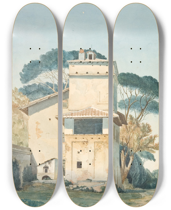 Triptych art skateboard deck of Fritz Petzholdt Raffaels Atelier I Villa Borgheses Have Rom by Fritz Petzholdt (1805-1838)