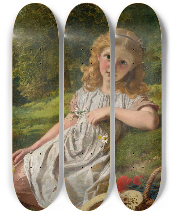 Triptych art skateboard deck of Sophie Anderson Summer Flowers by Sophie Anderson (1823-1903)