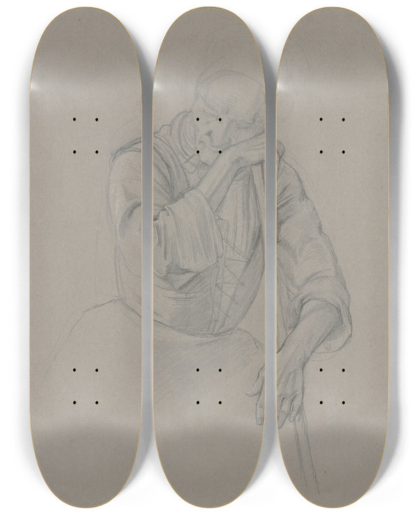 Triptych art skateboard deck of Jakob Becker Studie Zu Einer Schlafenden Alten Bauersfrau by Jakob Becker (1810-1872)