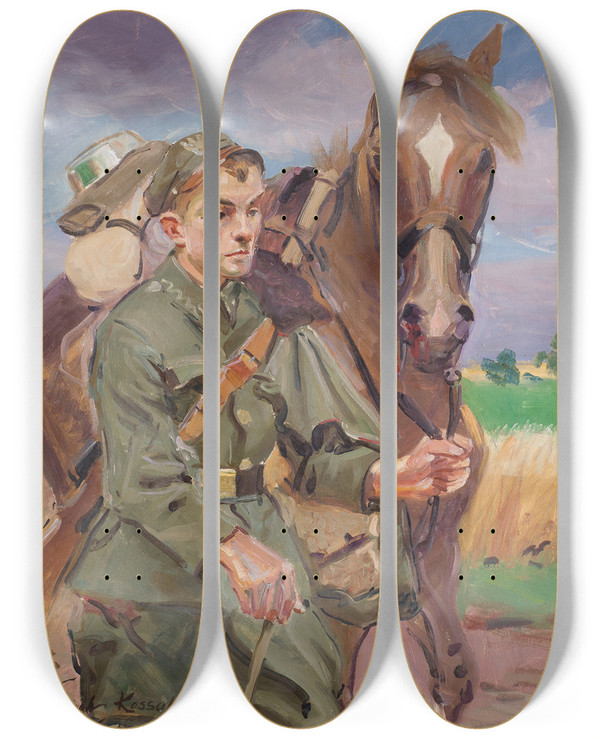 Triptych art skateboard deck of Wojciech Kossak A Soldier With A Horse by Wojciech Kossak (1857-1942)