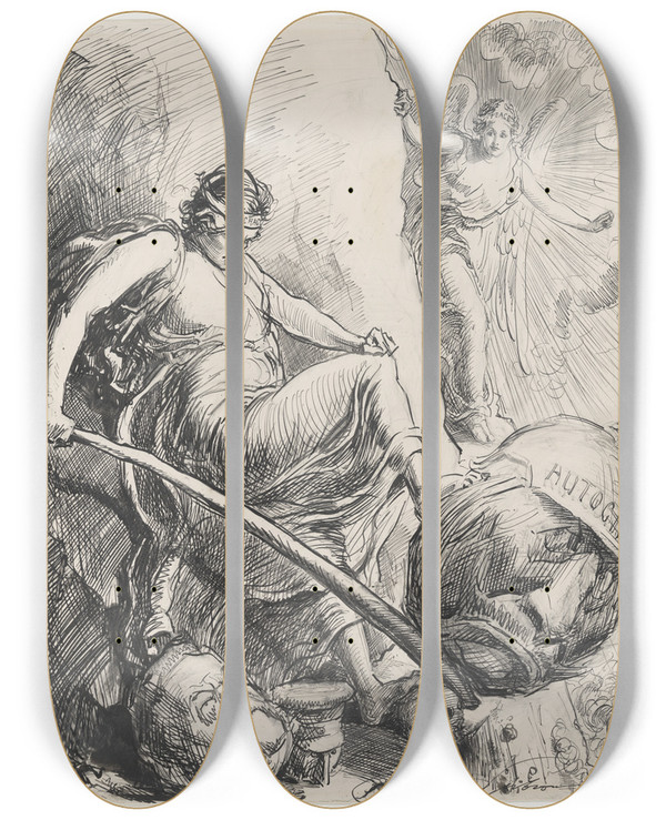 Triptych art skateboard deck of Charles Dana Gibson In Her Path by Charles Dana Gibson (1867-1944)