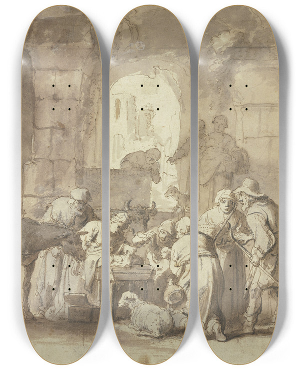 Triptych art skateboard deck of Claes Cornelisz Moeyaert Adoration Of The Shepherds by Claes Cornelisz Moeyaert (1592-1655)