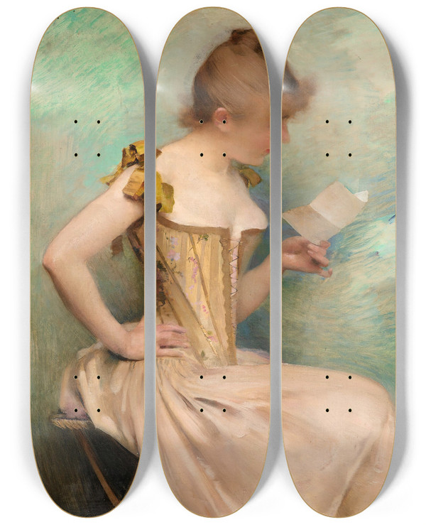 Triptych art skateboard deck of Charles Giron The Letter by Charles Giron (1850-1914)