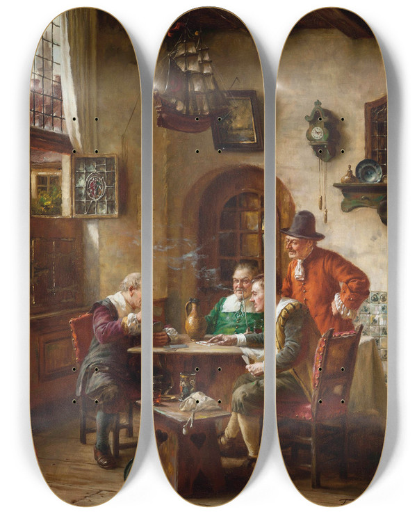 Triptych art skateboard deck of Fritz Wagner The Card Players by Fritz Wagner (1896-1939)