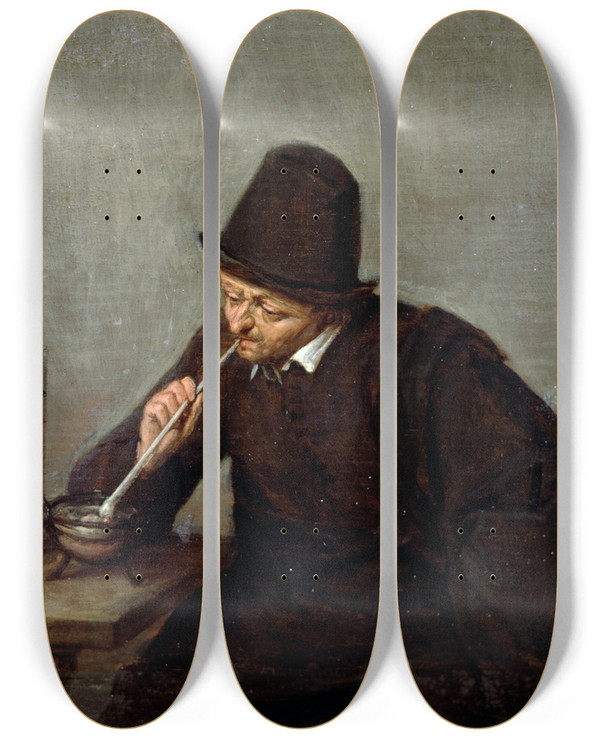 Triptych art skateboard deck of Adriaen Van Ostade A Man Smoking by Adriaen Van Ostade (1610-1684)