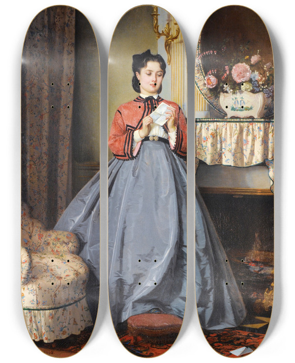 Triptych art skateboard deck of Auguste Toulmouche The Love Letter by Auguste Toulmouche (1829-1890)