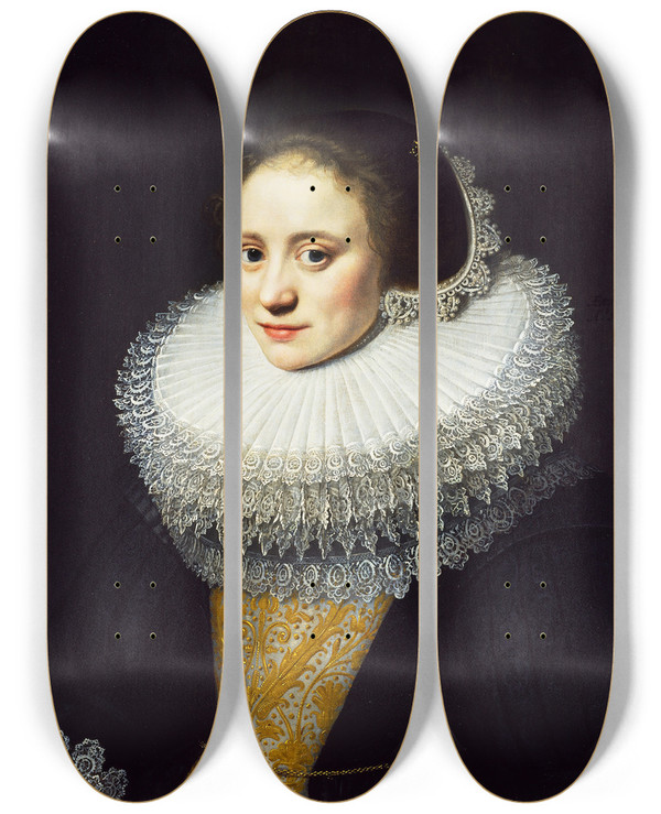 Triptych art skateboard deck of Michiel Jansz Van Mierevelt Portrait Of A Lady by Michiel Jansz Van Mierevelt (1566-1641)