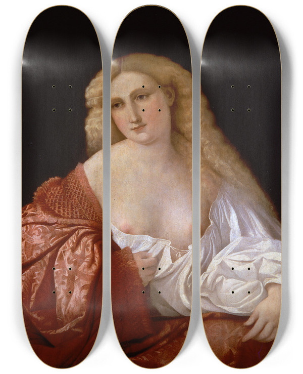 Triptych art skateboard deck of Jacopo Palma Il Vecchio Portrait Of A Woman Know As Portrait Of A Courtsesan by Jacopo Palma Il Vecchio (1480-1528)