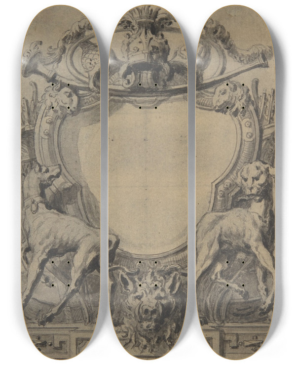 Triptych art skateboard deck of Gillesmarie Oppenord Study For A Cartouche_3 by Gilles Marie Oppenord (1672-1742)