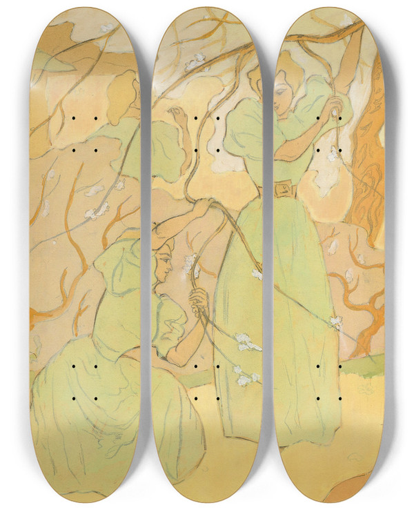 Triptych art skateboard deck of Paul Ranson Trois Femmes Sous Les Arbres En Fleurs by Paul Ranson (1864-1909)