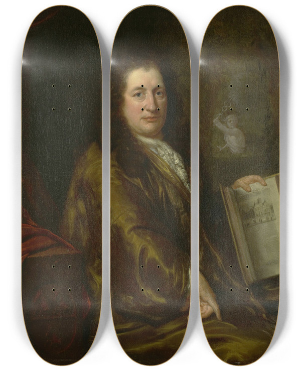 Triptych art skateboard deck of David Van Der Plas Portrait Of Caspar Commelin Bookseller Newspaper Publisher And Author Of The Official History Of Amsterdam Beschrijvinghe Van Amsterdamof 1693 by David van der Plas (1647-1704)