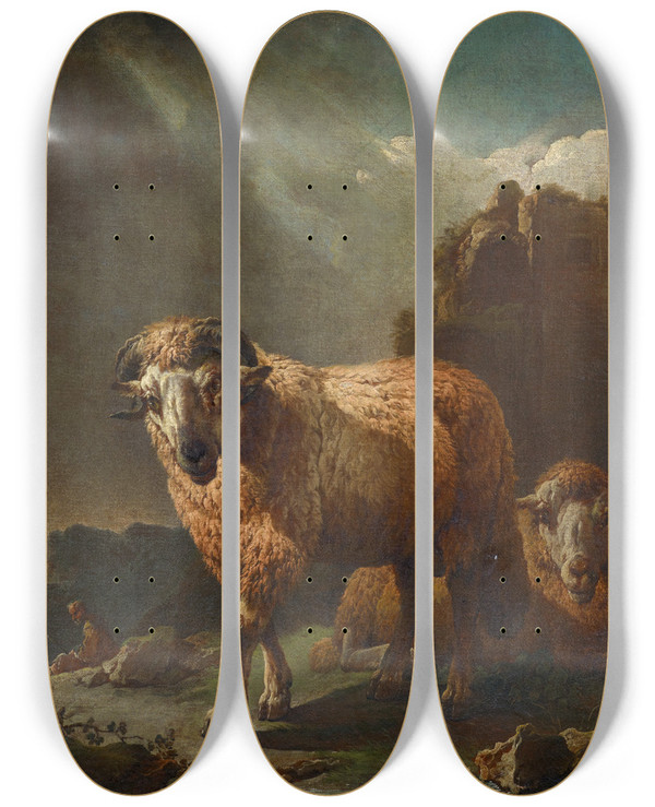 Triptych art skateboard deck of Philipp Peter Roos Two Sheep by Philipp Peter Roos (1657-1706)
