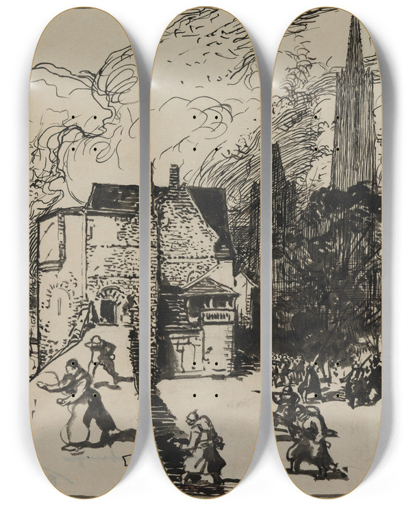 Triptych art skateboard deck of Auguste Louis Lepre Sige Des Maubeuge by Auguste Louis Lepere (1849-1918)