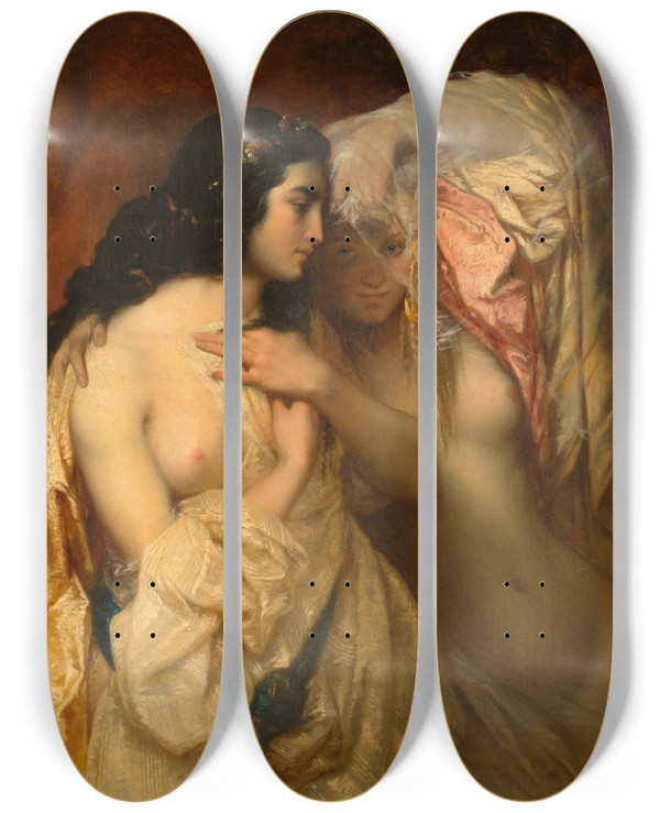 Triptych art skateboard deck of Pierre Olivier Joseph Coomans Liebesgeheimnis by Pierre Olivier Joseph Coomans (1816-1889)