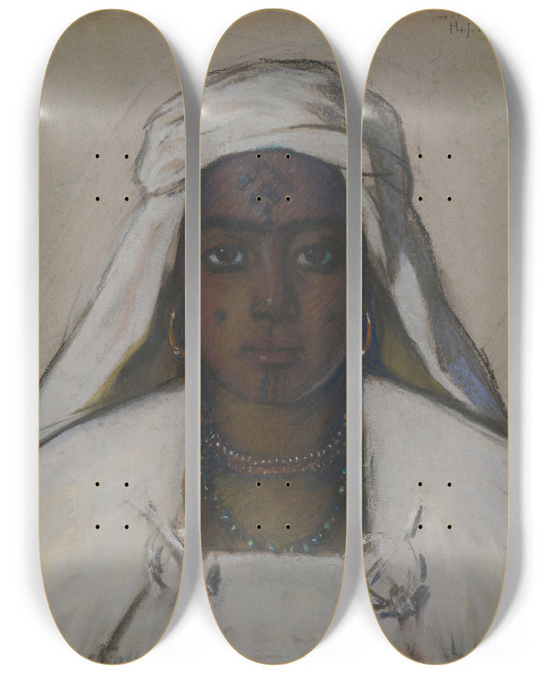 Triptych art skateboard deck of Ants Laikmaa Tunisian Girl Bedouin Woman In White by Ants Laikmaa (1866-1942)