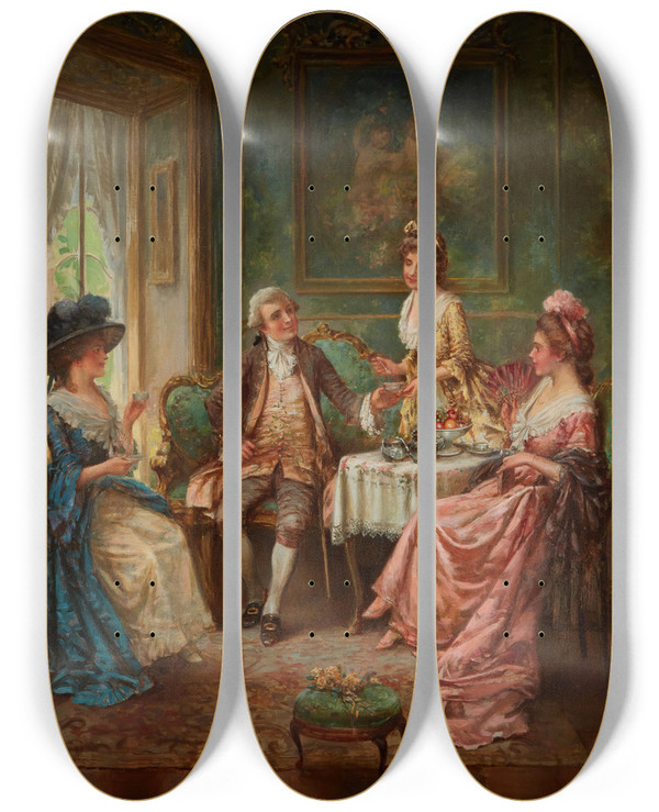 Triptych art skateboard deck of Edward Percy Moran Tea Time by Edward Percy Moran (1862-1935)