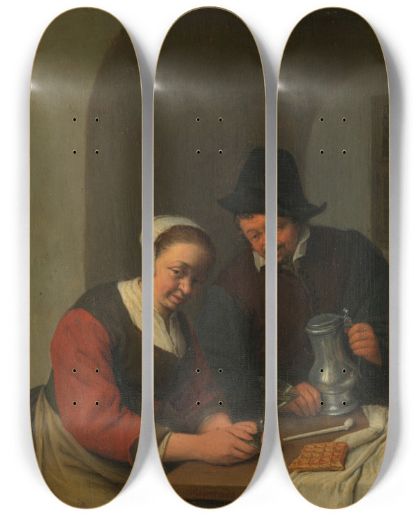 Triptych art skateboard deck of Adriaen Van Ostade A Confidential Chat by Adriaen Van Ostade (1610-1684)