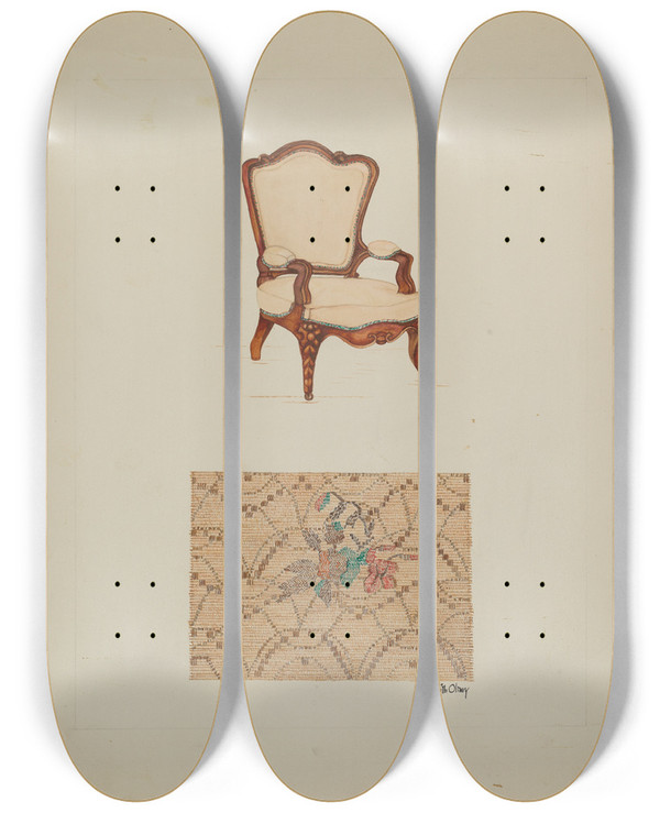 Triptych art skateboard deck of Edith Olney Chair And Tapestry by Edith Olney